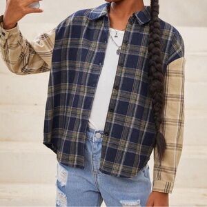NWOT SHEIN Tween Woven Plaid Button-Up Shirt in Blue and Tan